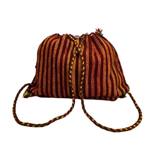 Handmade Knitted Backpack Multicolor Striped With Geometric Pattern Drawstrings - Picture 3 of 9